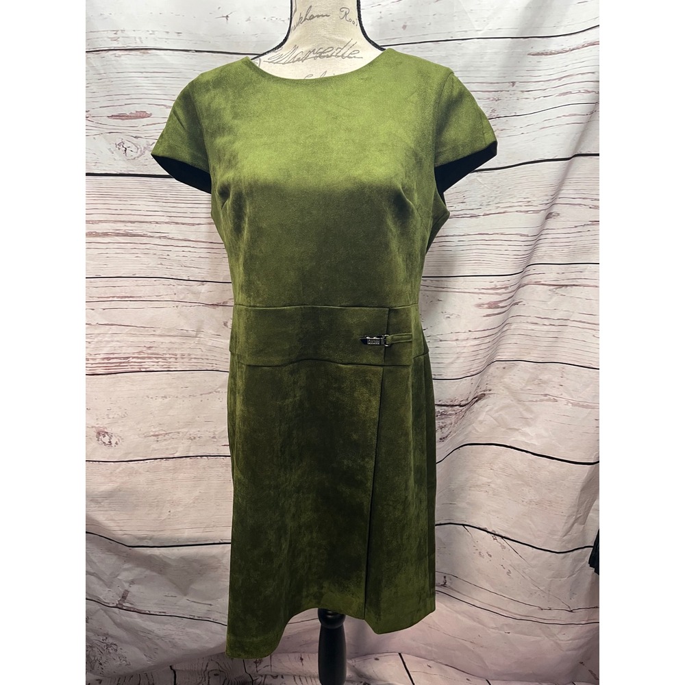 DKNY Womens Olive Green Faux Suede Short Sleeve Buckle Sheath Dress Size 12